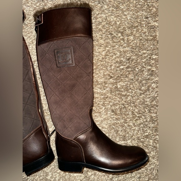 CHANEL Shoes - Chanel Suede & Leather Riding Boots in Espresso Brown Size 36.5